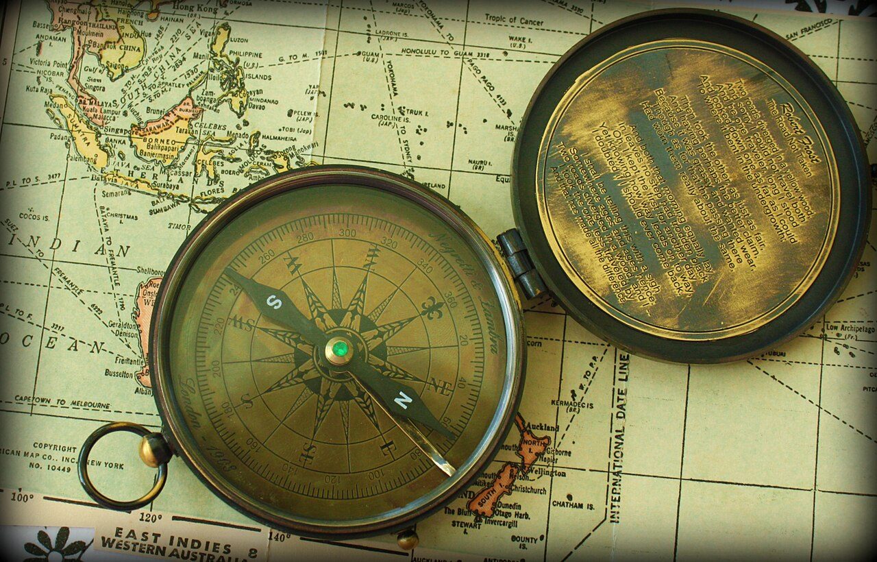 A brass compass, studied up close
