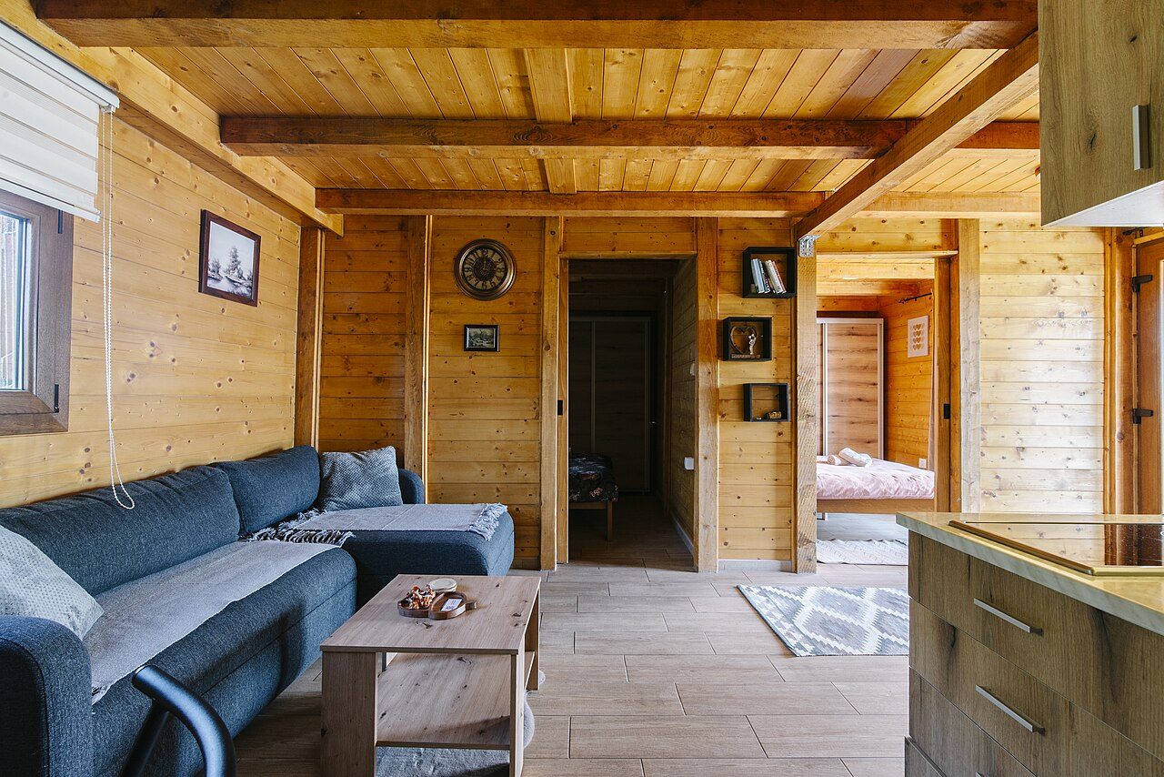 A cosy wooden cabin living room