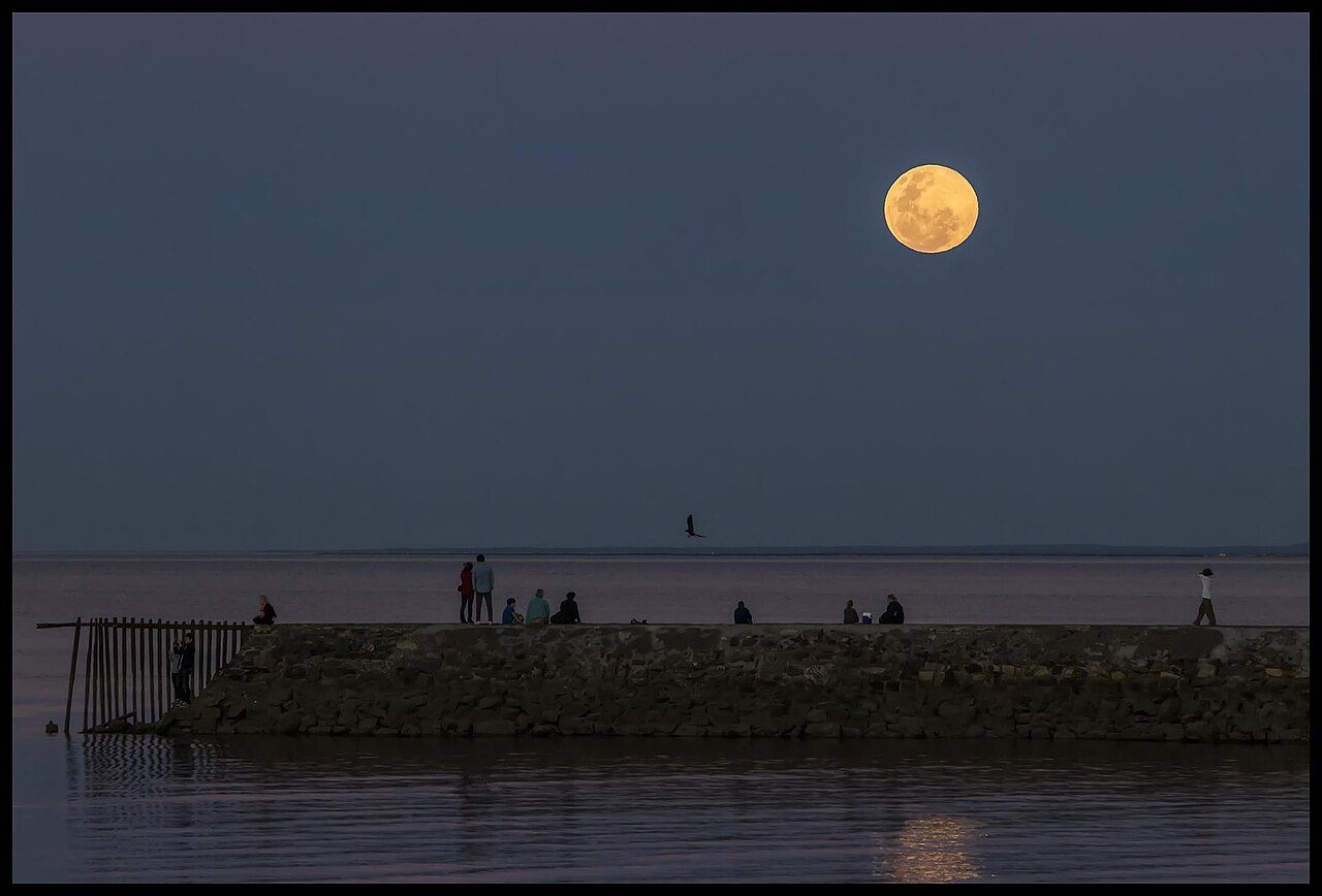 Full moon rising over a river at dusk