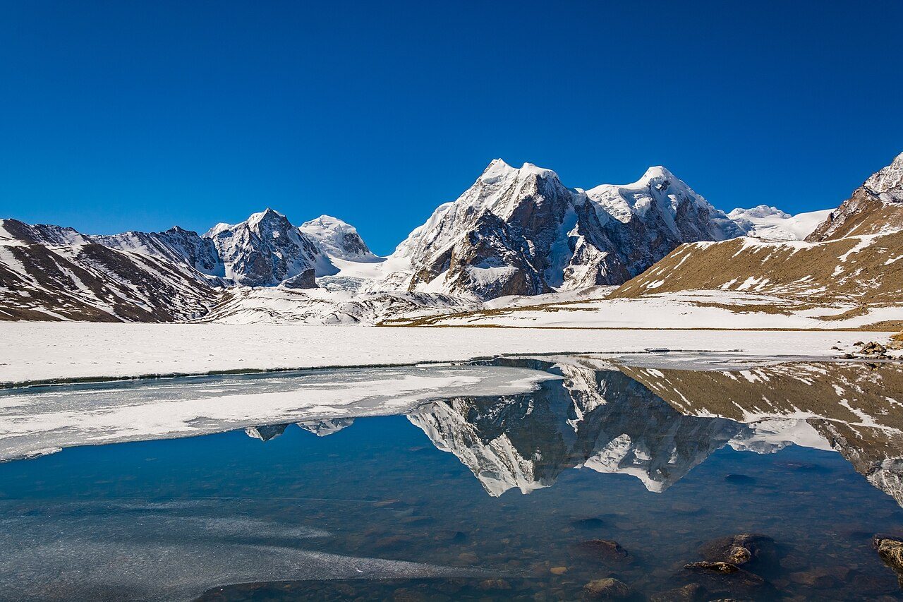 Gurudongmar Lake in Sikkim, still and reflective